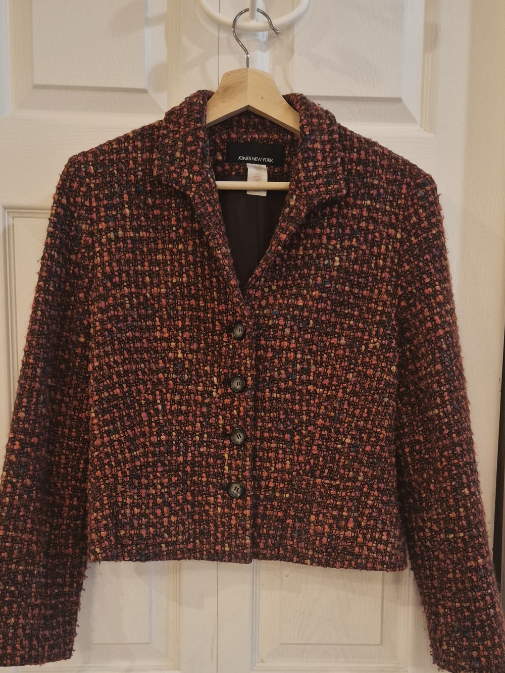 Jones New York Women's Tweed Button-Front Jacket in Burgundy Multi